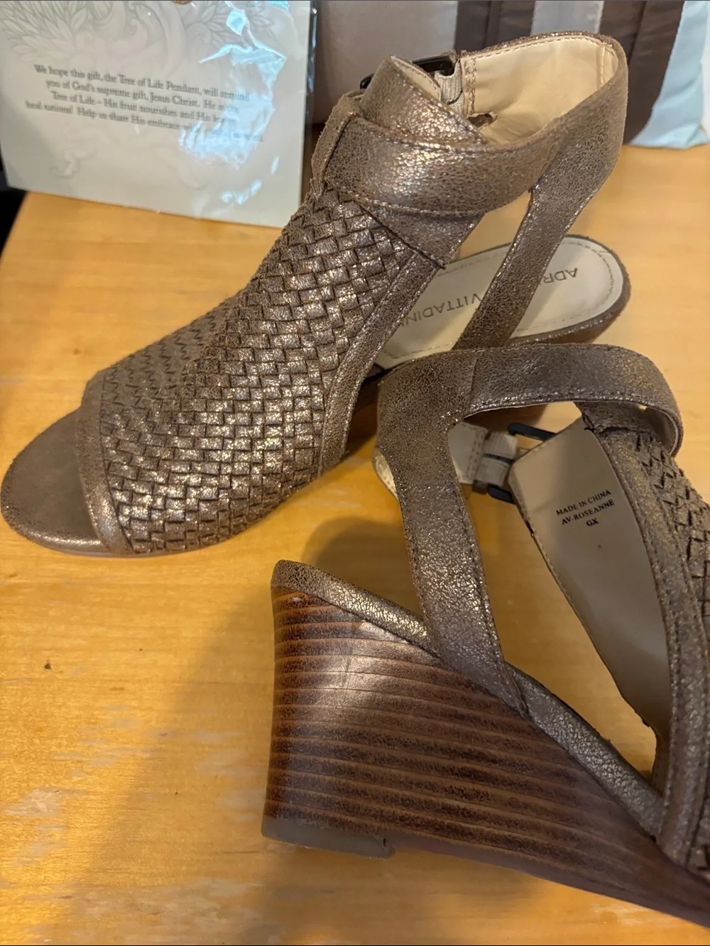 Adrienne Vittadini Metallic Bronze Woven Peep-Toe Wedges